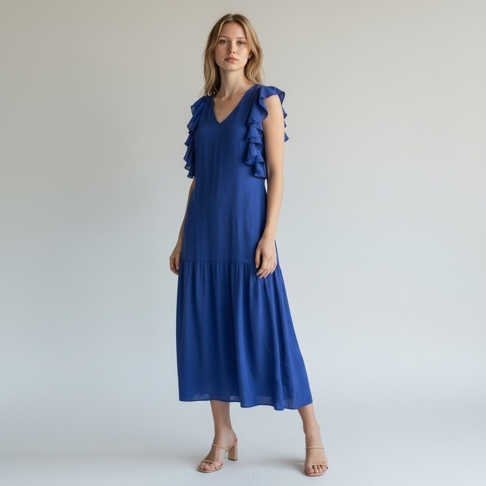 Joie Silk Blue Ruffle Sleeve Cutout Back Maxi Dress Sz M Ret $400